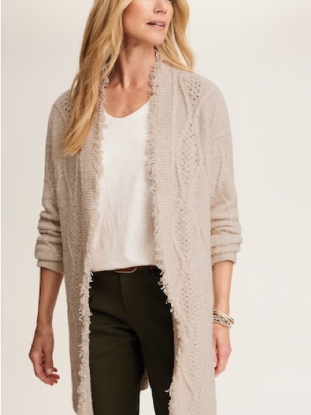 J JILL Boho Mixed Cable Knit Cardigan Fringe Longline Sweater Oatmeal Size XS